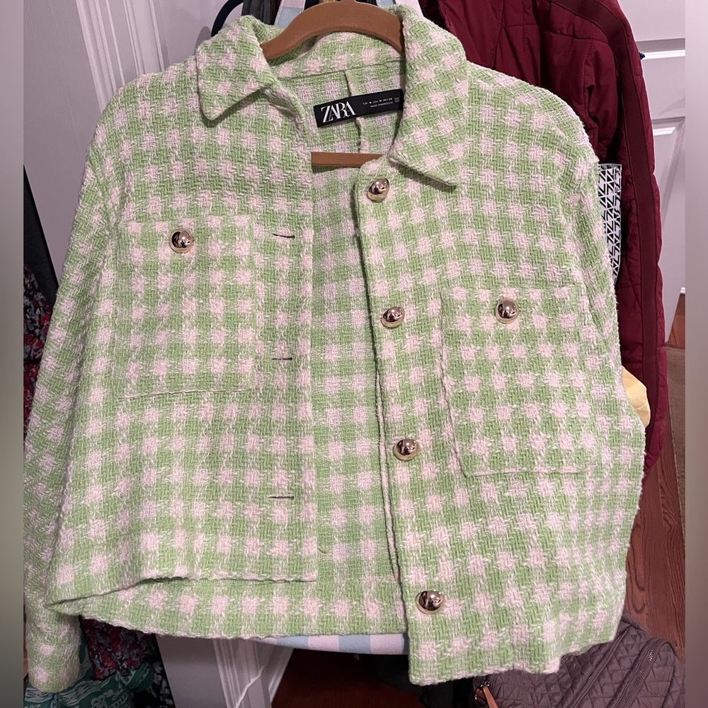 Zara Green and White Plaid Cotton Blazer
